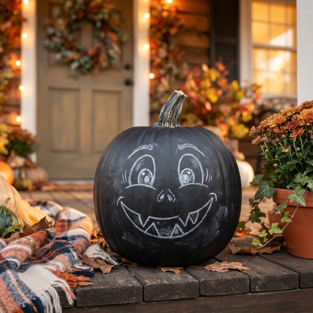 No-carve pumpkin painted with chalkboard paint and chalk-drawn spooky face