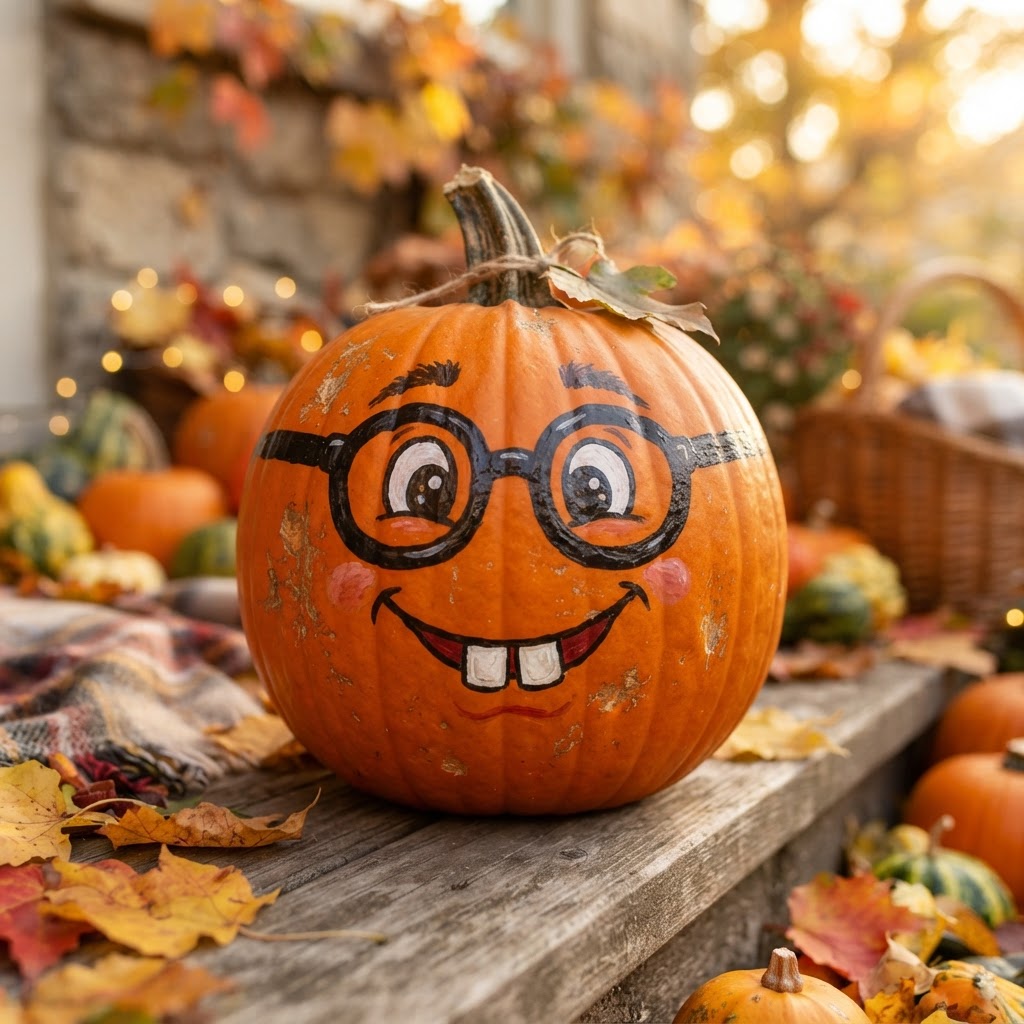 Nerd pumpkin face with painted thick glasses and buck teeth