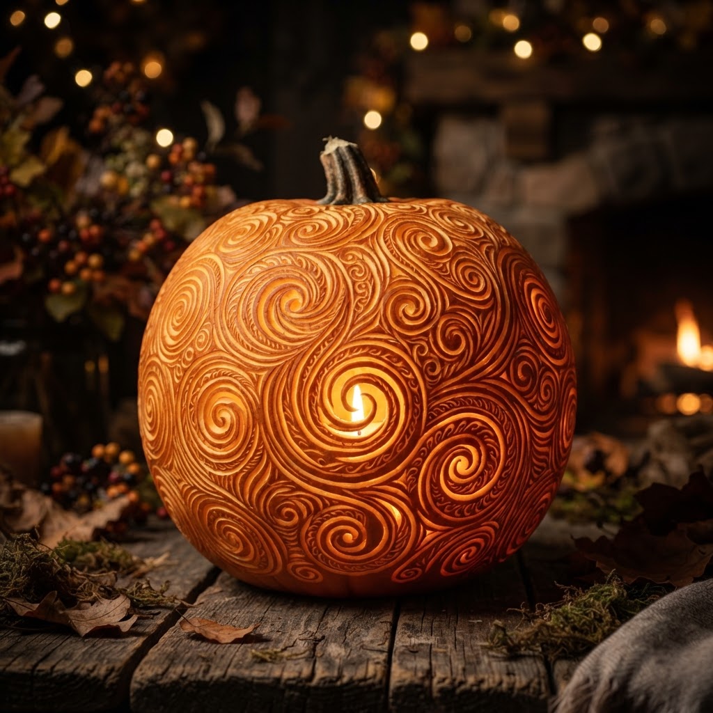 Pumpkin carved with intricate swirling vortex patterns
