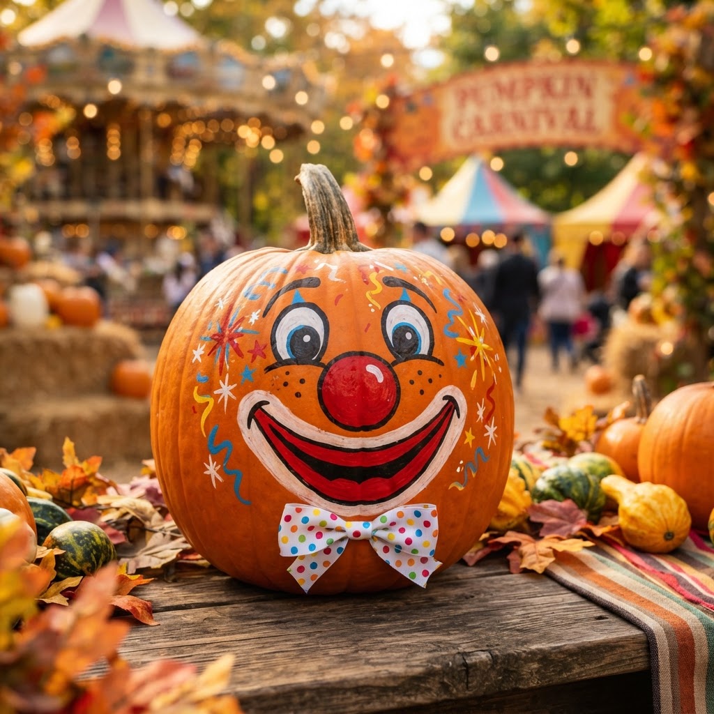 Clown-faced pumpkin with big red painted nose and wide smile
