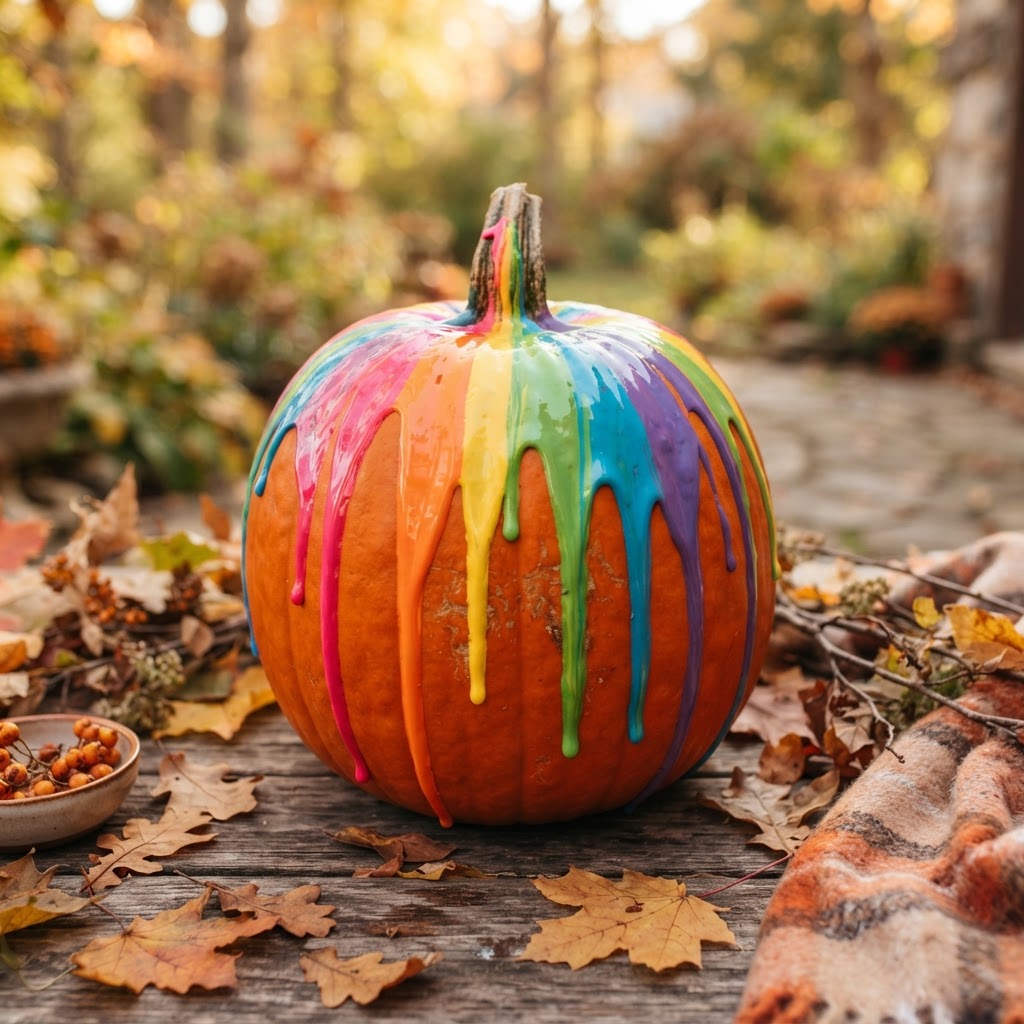 No-carve pumpkin with rainbow drip paint effect flowing down