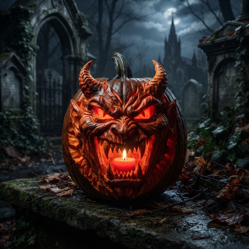 Demon-faced pumpkin with horns and fangs in dark gothic setting