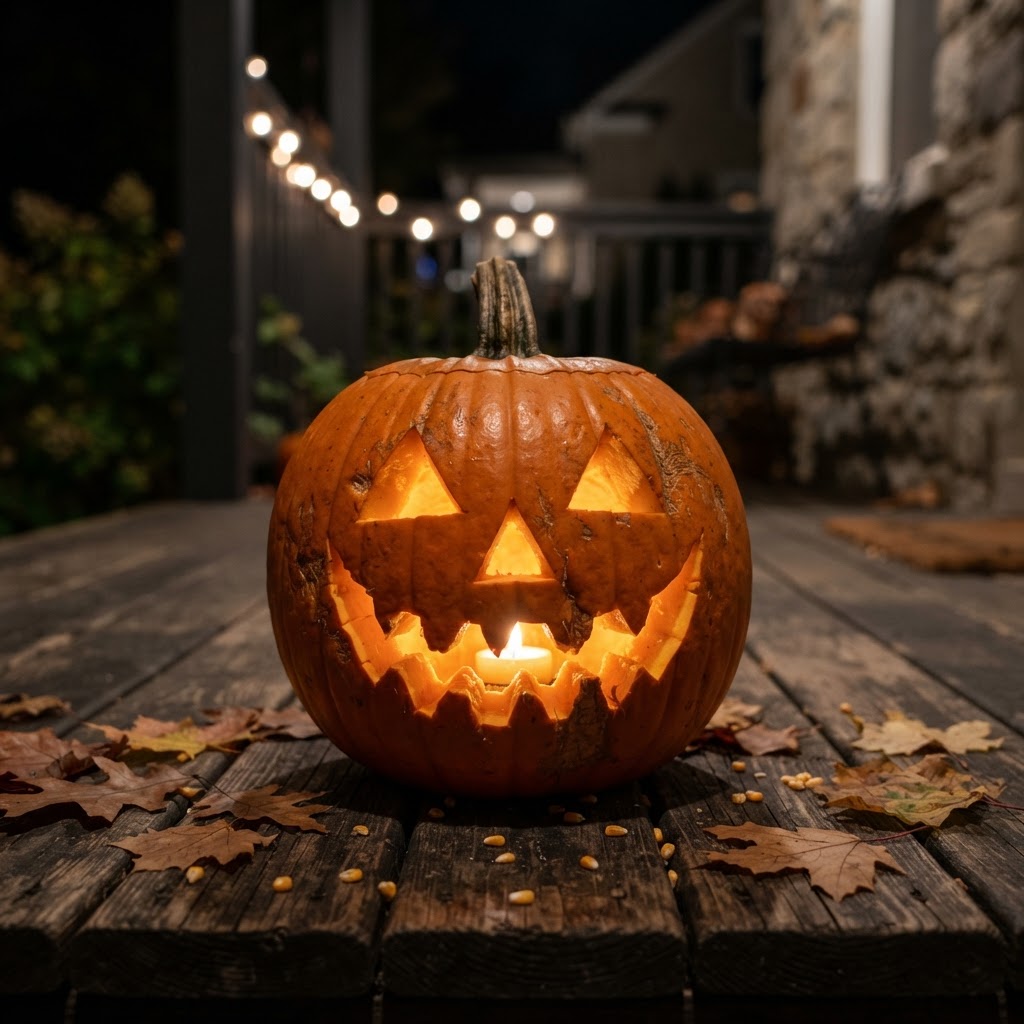 Classic jack-o-lantern with toothy grin on wooden porch