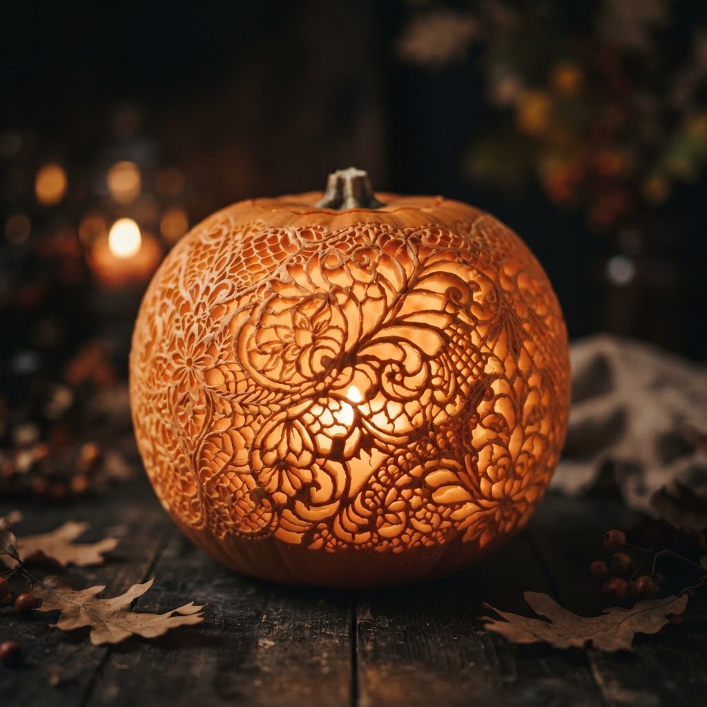 Pumpkin carved with delicate lace filigree pattern
