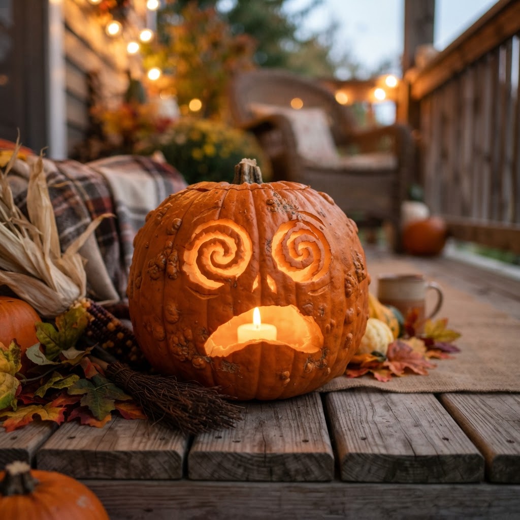 Pumpkin with spiral dizzy eyes and confused open mouth