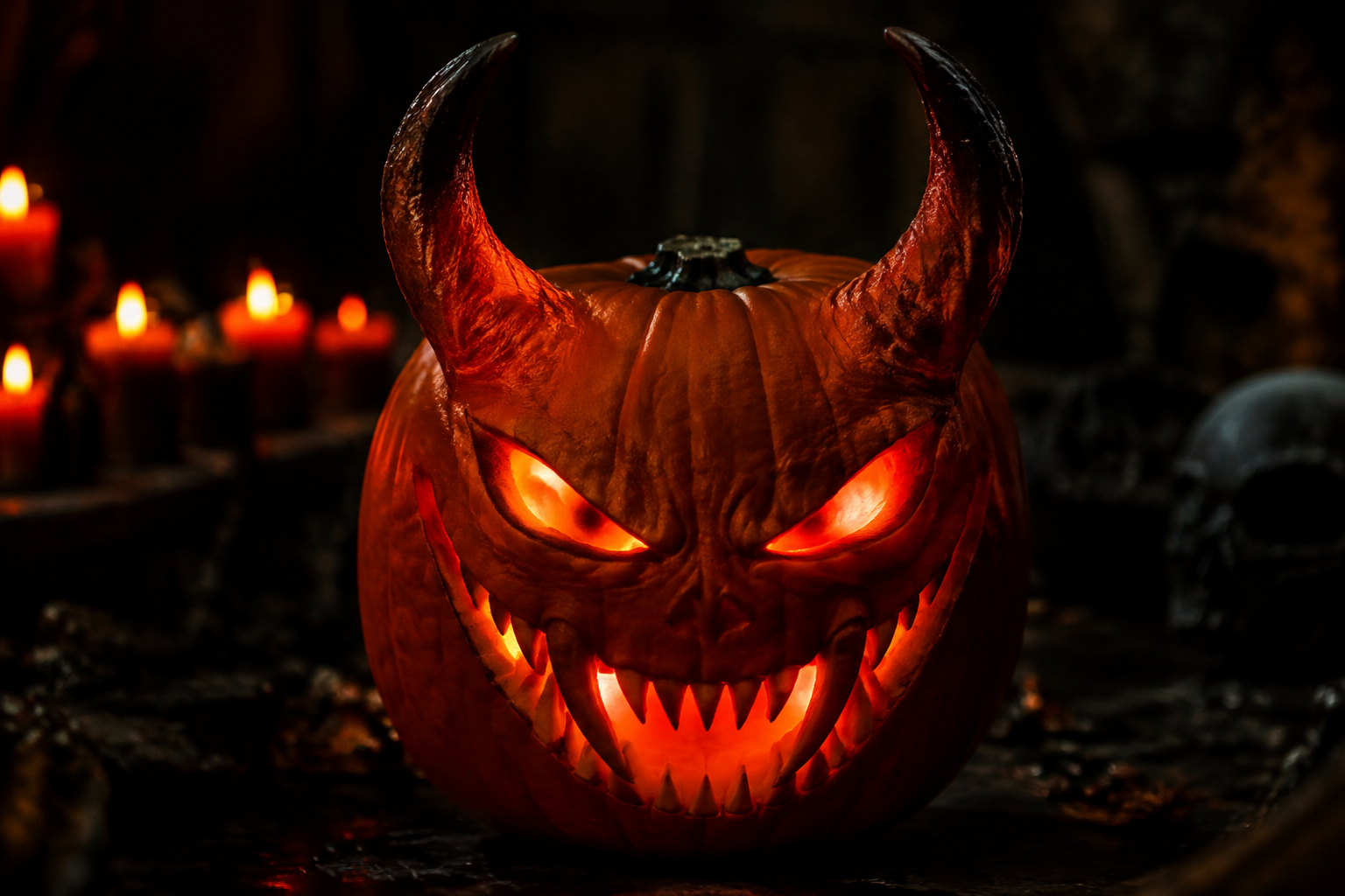 Demon-faced pumpkin with carved horns and fangs in dark setting