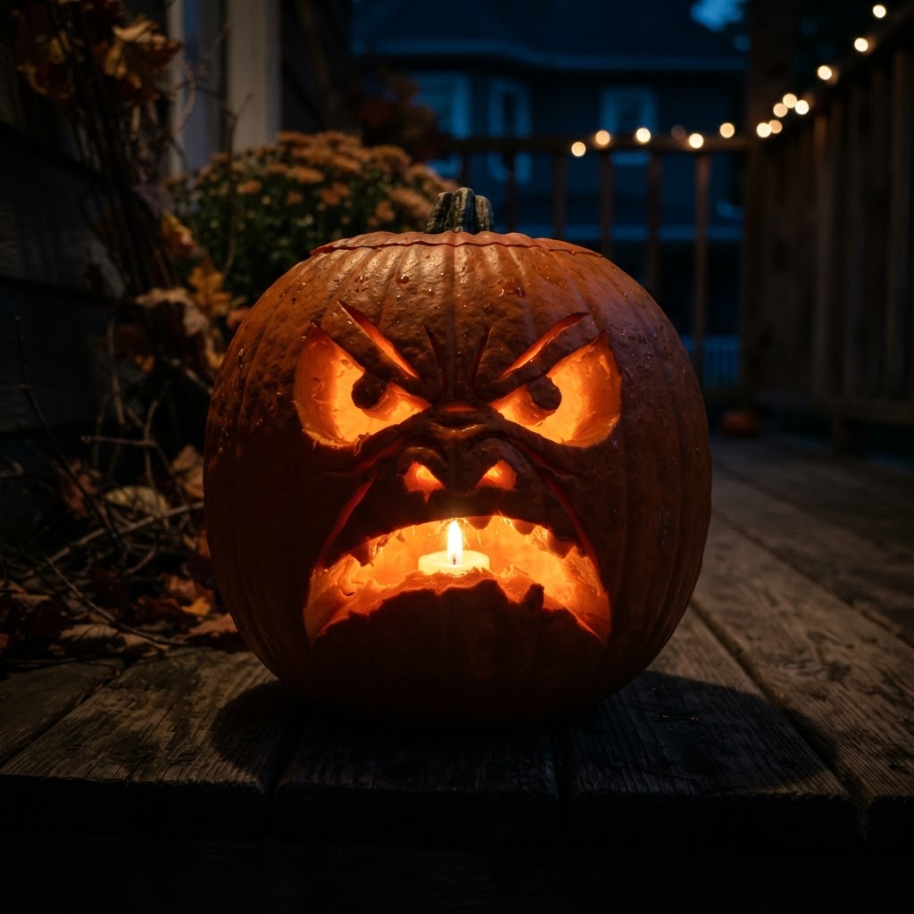 Spooky scowling jack-o-lantern with angry eyebrows at night