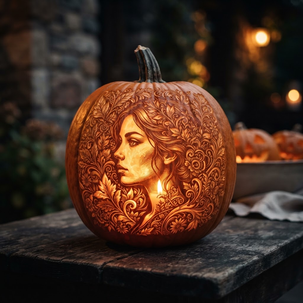 Pumpkin carved with detailed portrait silhouette of a face