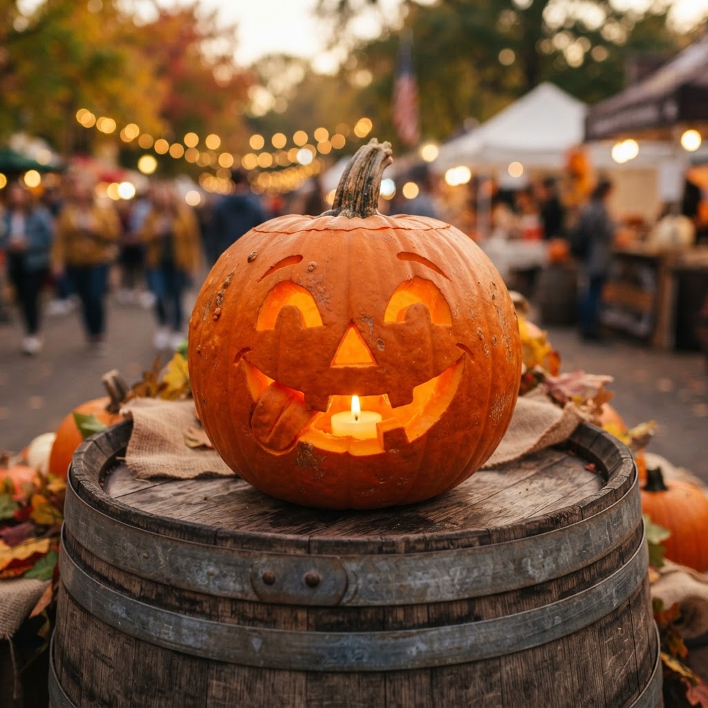 Cheeky jack-o-lantern with tongue sticking out on wooden barrel