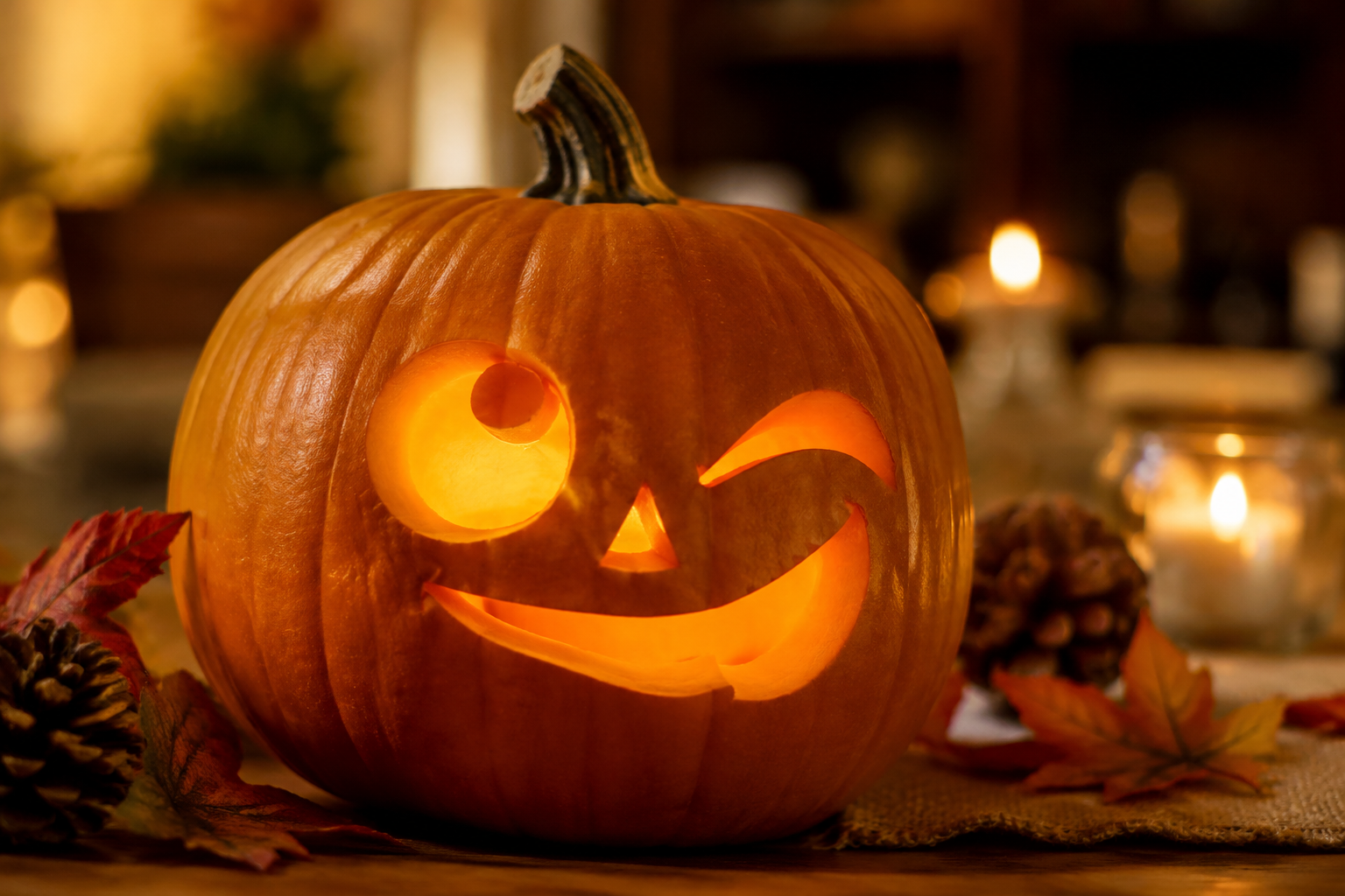 Winking jack-o-lantern with one closed eye and playful smirk