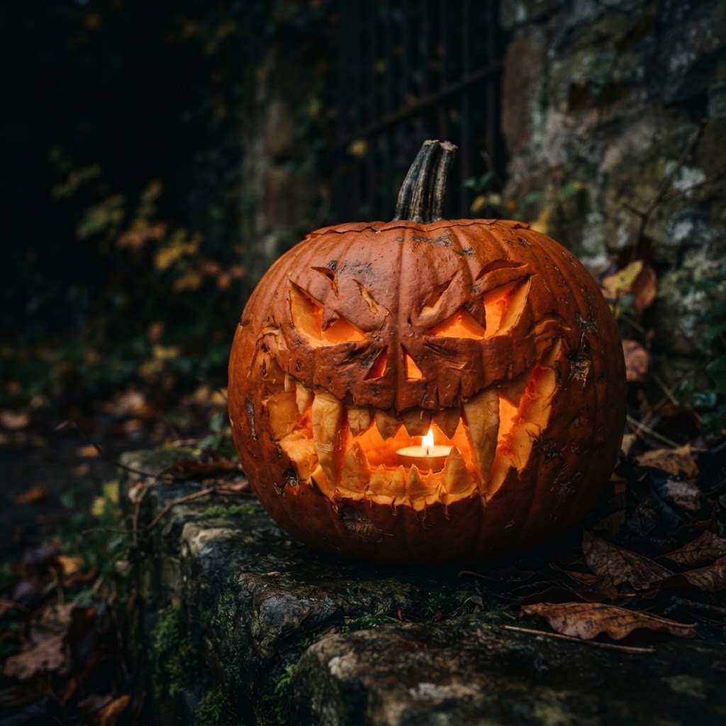 Vampire pumpkin face with fanged teeth in gothic setting