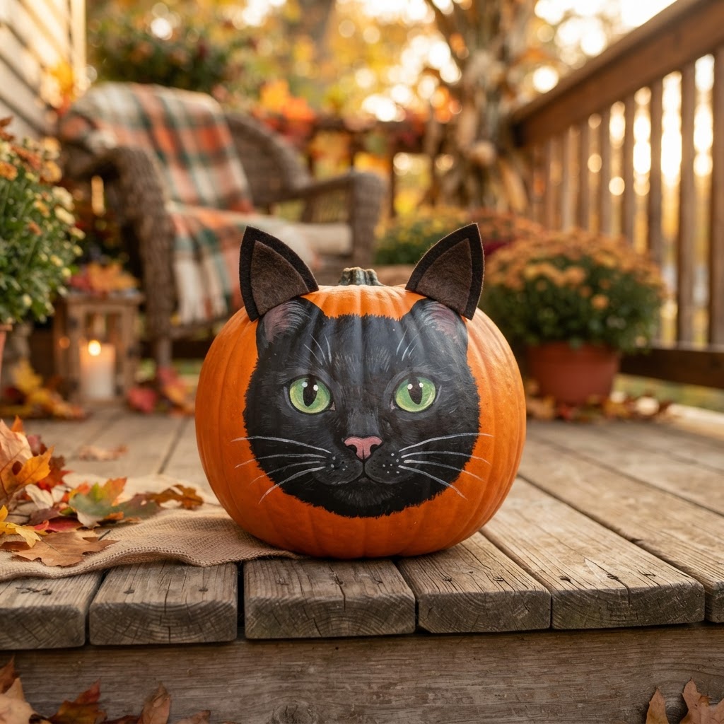 No-carve pumpkin painted with black cat face whiskers and green eyes