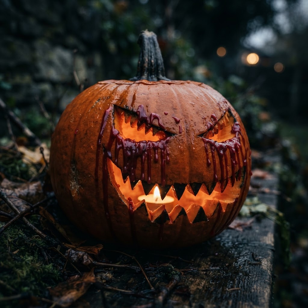 Jack-o-lantern with bleeding eyes and red wax dripping from sockets