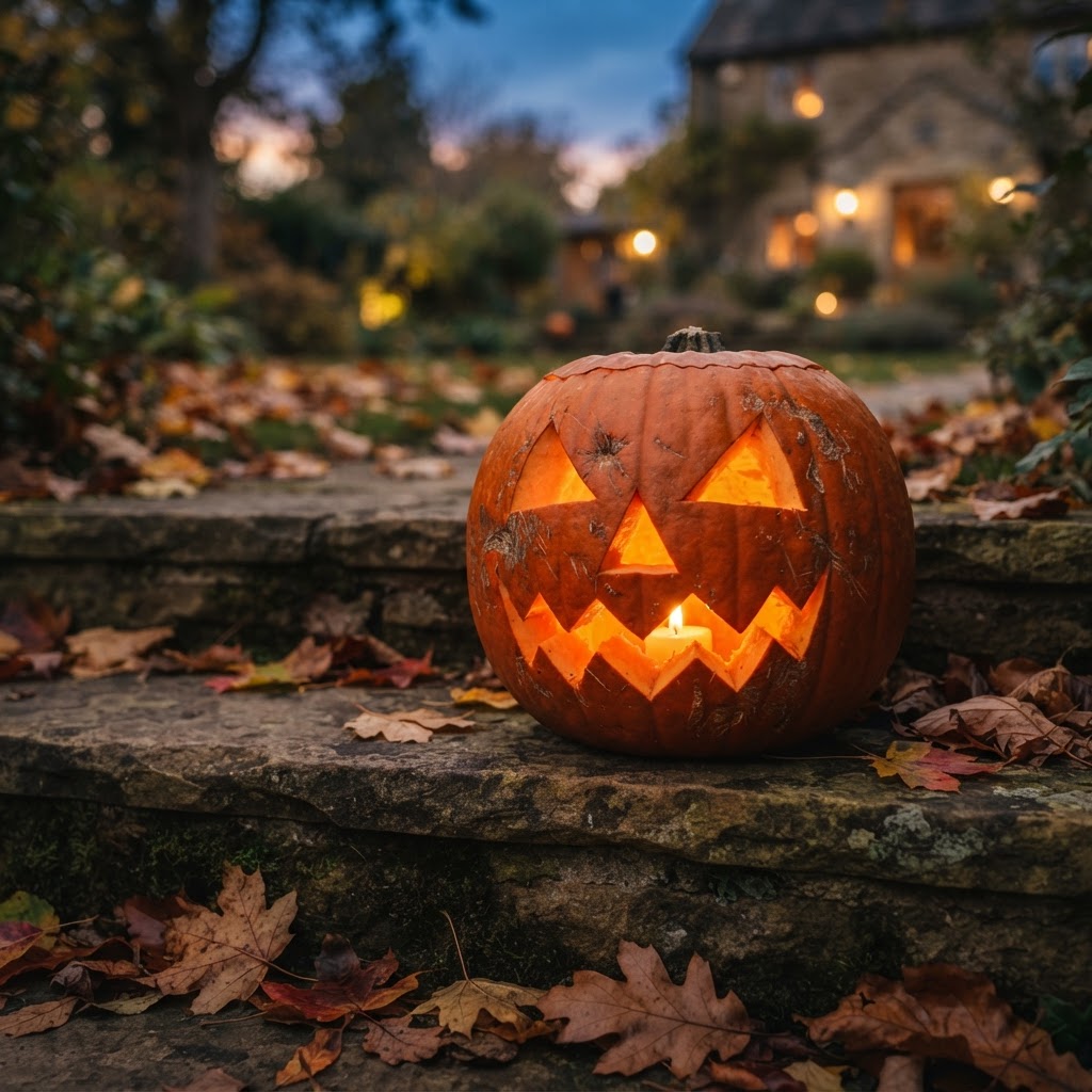 Pumpkin with triangle eyes and jagged zigzag mouth on stone steps