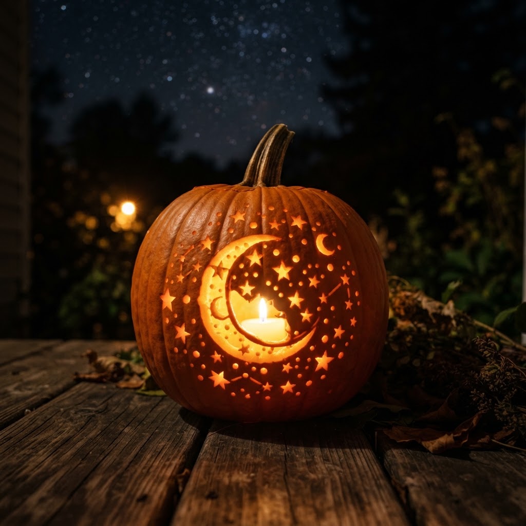 Pumpkin carved with moon and stars celestial scene