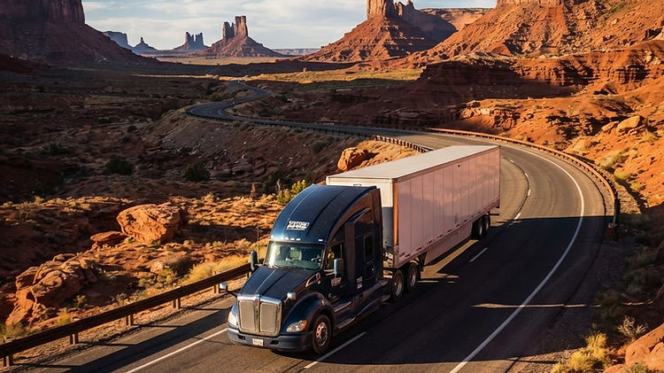 A semi-truck hauling a dry van through the red rock canyonlands of the American Southwest