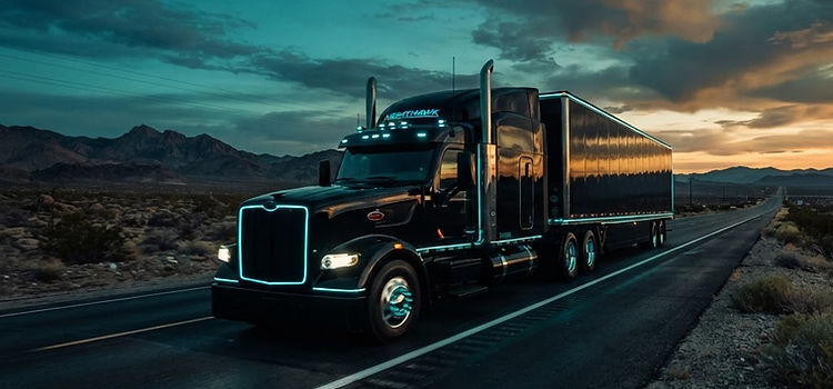 A sleek black semi-truck on an open desert highway at blue hour