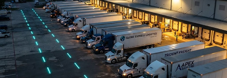 A row of full semi trucks lined up at a logistics dispatch hub at blue hour