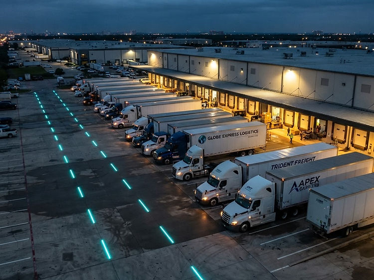 A row of full semi trucks lined up at a dispatch hub at blue hour
