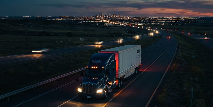 A semi-truck hauling a dry van on an open highway at dusk with a distant city skyline on the horizon