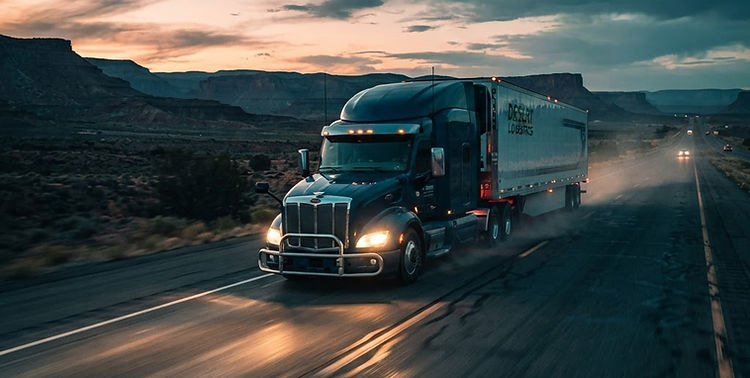 A full semi truck hauling a trailer down an open highway at dusk