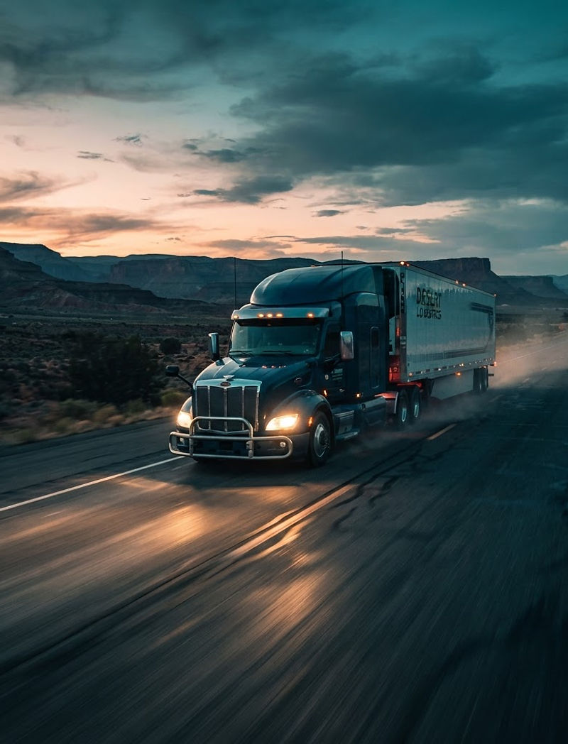A full semi truck hauling a trailer down an open highway at dusk