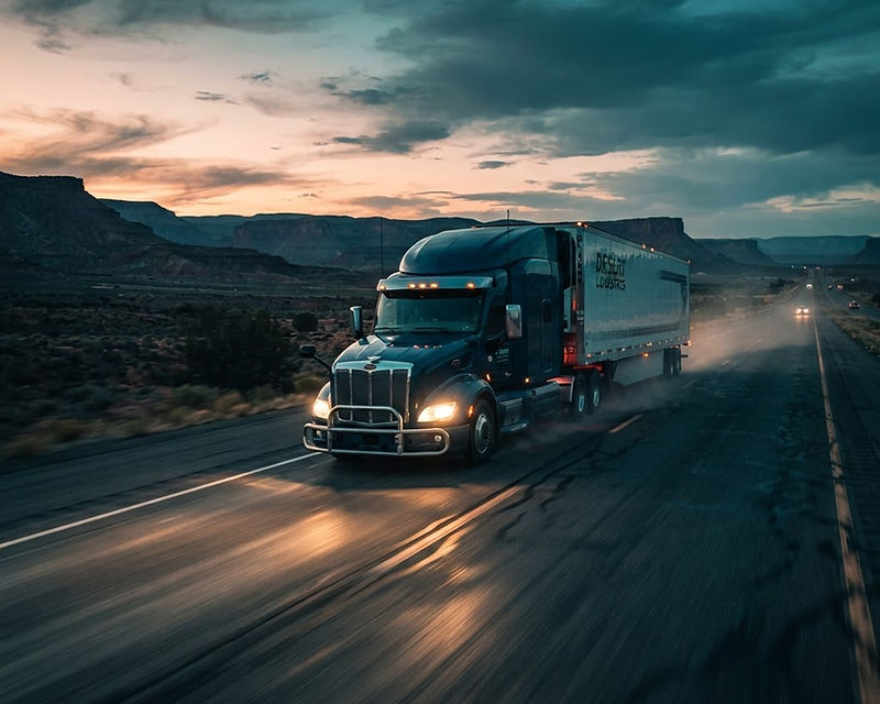 A semi truck hauling freight on an open highway at dusk