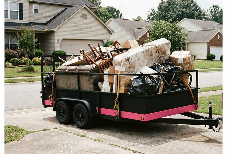 Loaded utility trailer full of furniture and debris on a driveway