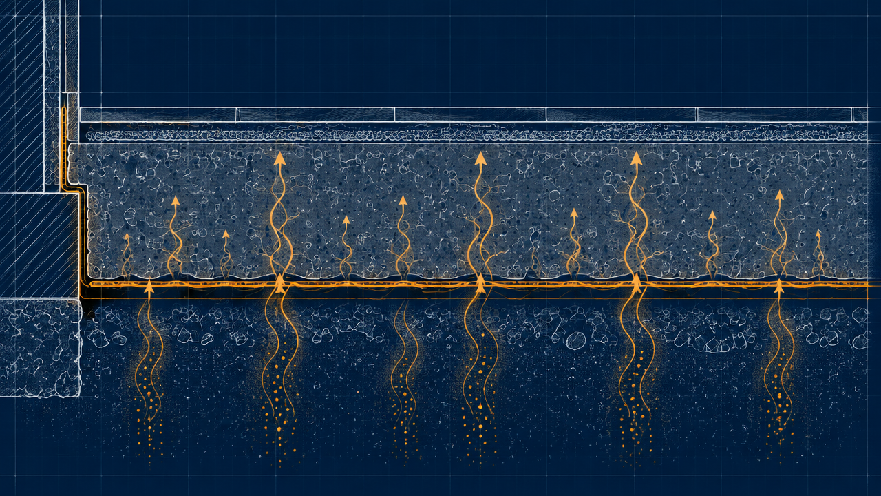 Technical cross-section diagram of moisture vapor rising through a concrete slab subfloor