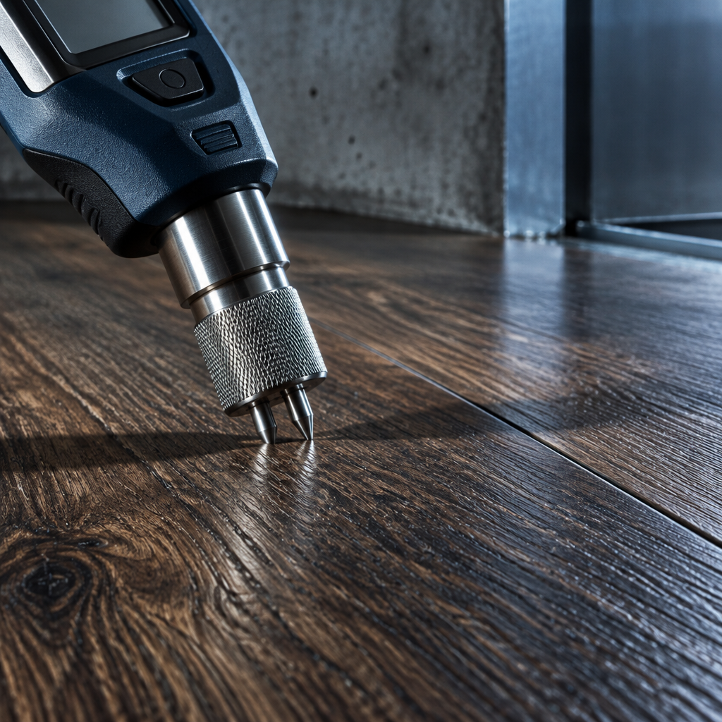 Moisture meter probe testing a luxury vinyl plank floor for moisture and subfloor issues