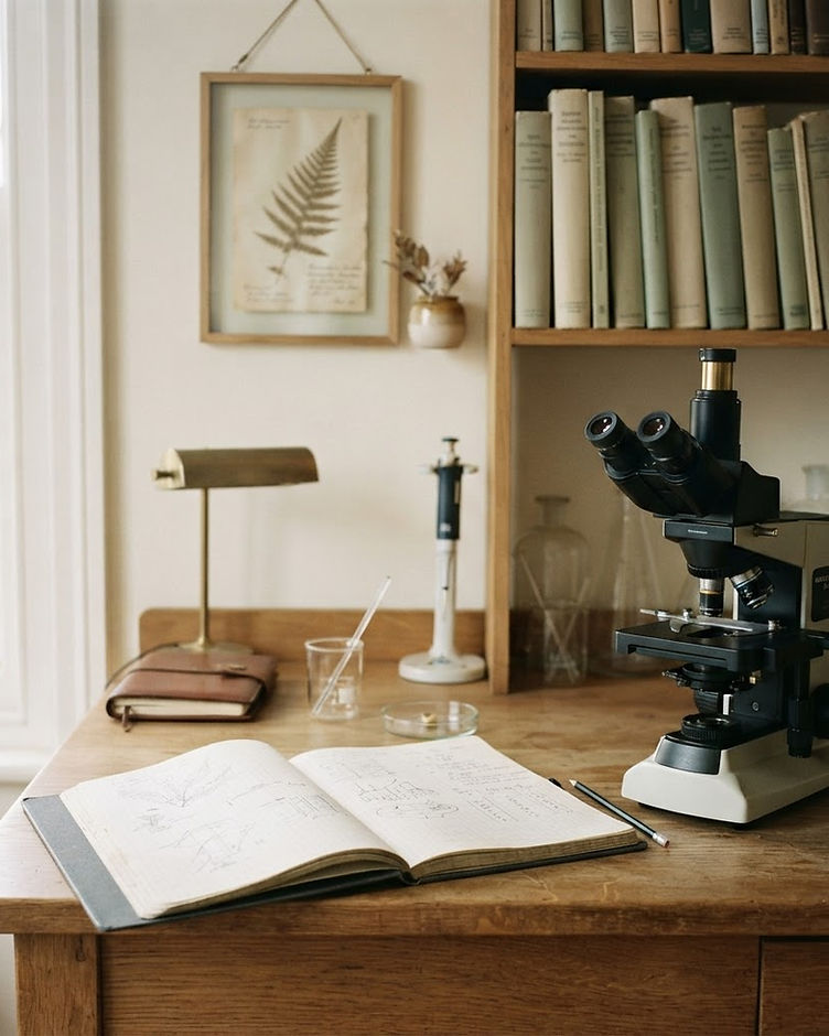 The warm, light-filled workspace of Dr. Suwansaard, with laboratory notebook and shelves of monographs