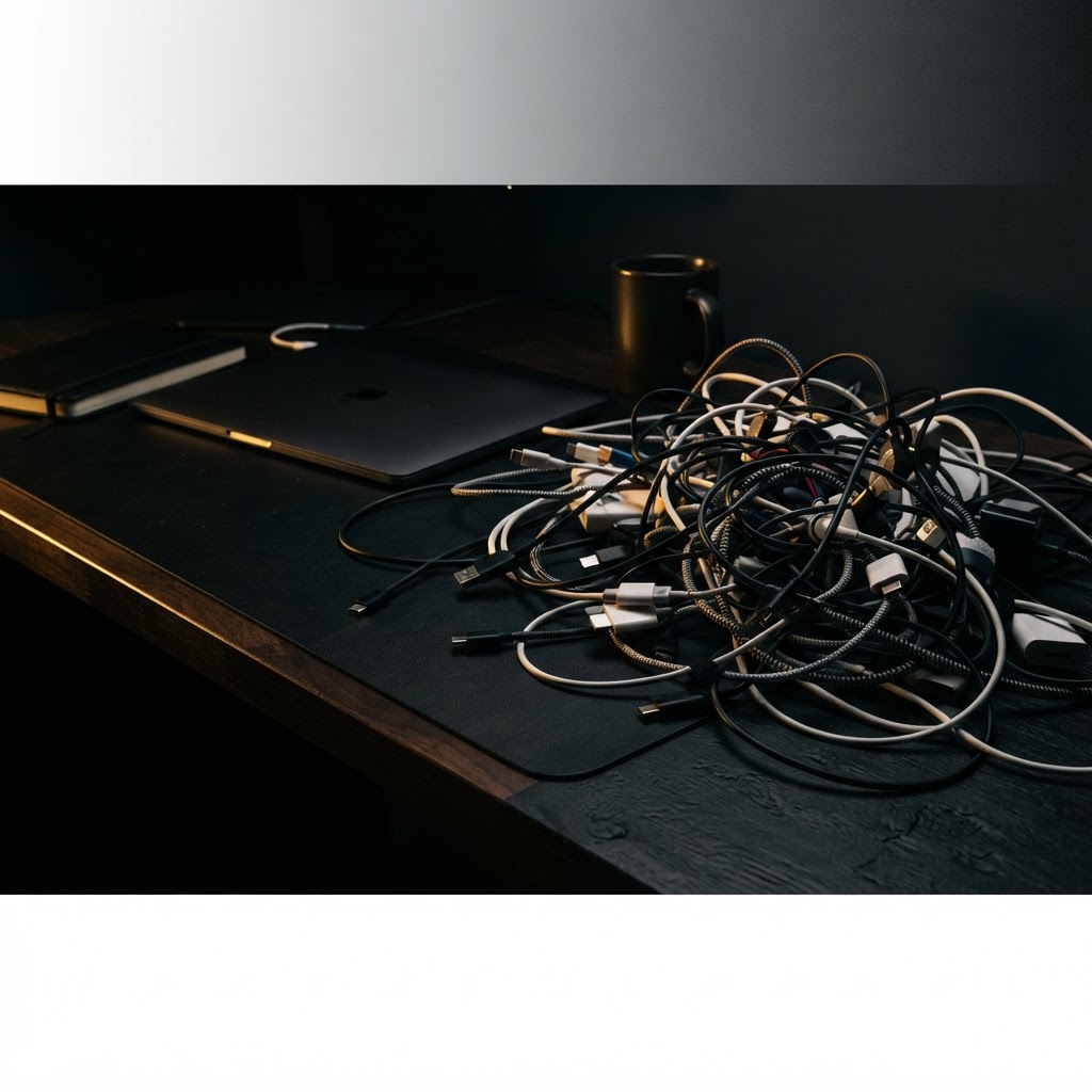 Verhedderte Kabel auf einem Schreibtisch