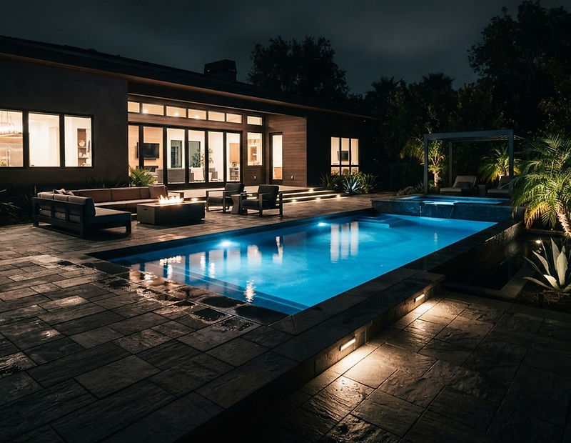 Luxury backyard patio with a glowing pool at night, finished with stone pavers