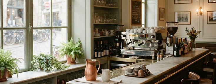 Comptoir en marbre et lumière du matin dans la salle du bistrot
