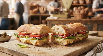 Sandwich frais coupé en deux sur une planche en bois