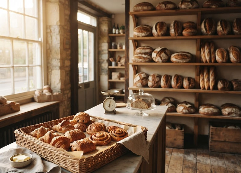 Étal de pains et de viennoiseries dans une boulangerie artisanale