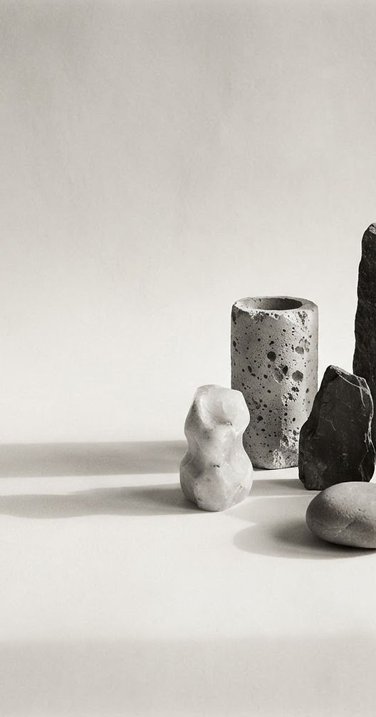 Black-and-white study of distinct sculptural forms, each one unique