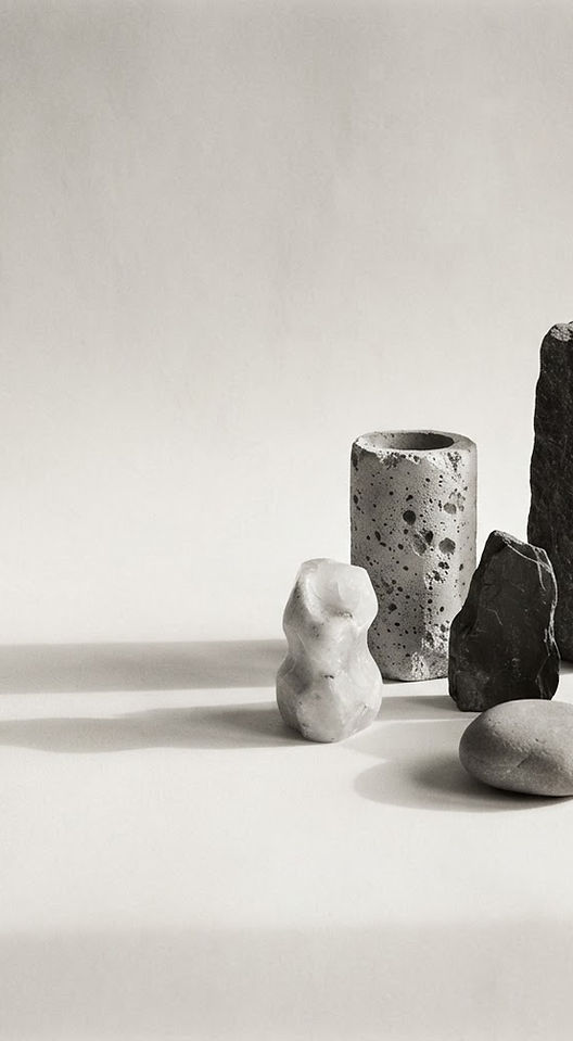 Black-and-white study of distinct sculptural forms, each one unique