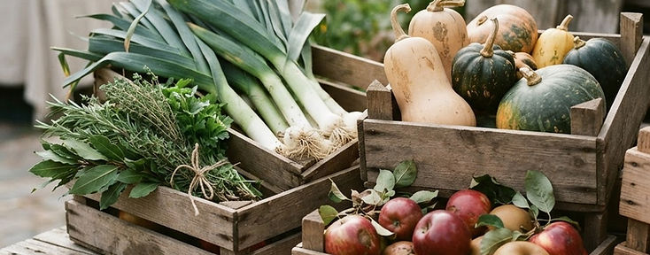 Produits de saison dans des caisses en bois au marché