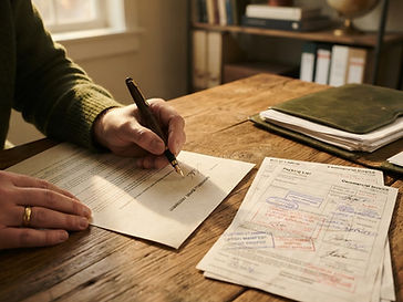 An export contract being signed with a fountain pen beside stamped shipping documents