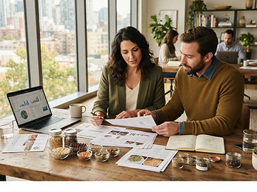 Two professionals reviewing printed specifications beside samples of raw agricultural commodities