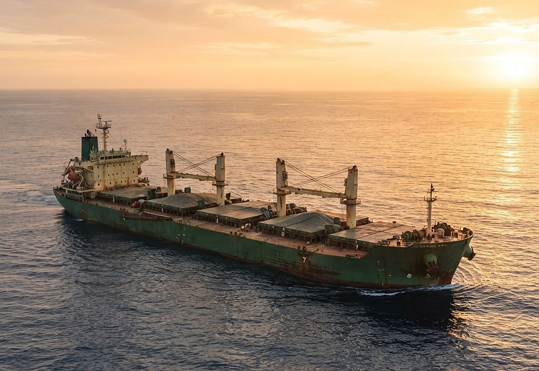 A fully loaded bulk cargo ship at sea at sunrise
