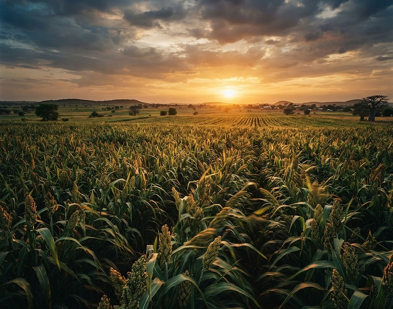 A vast West African millet and sorghum field at golden hour