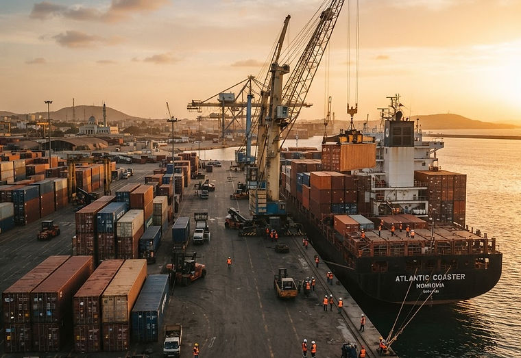 Stacked shipping containers being loaded onto a cargo vessel at a port terminal