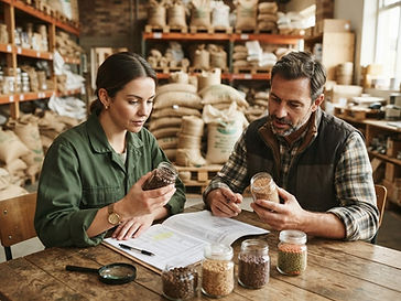 Two colleagues reviewing commodity sample jars and a shipment report in a warehouse office