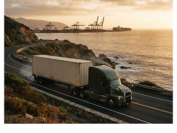 A container truck travelling along a coastal highway with port cranes on the horizon
