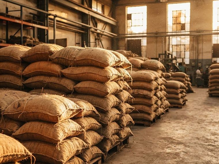 Natural jute sacks stacked in a sunlit warehouse ready for export