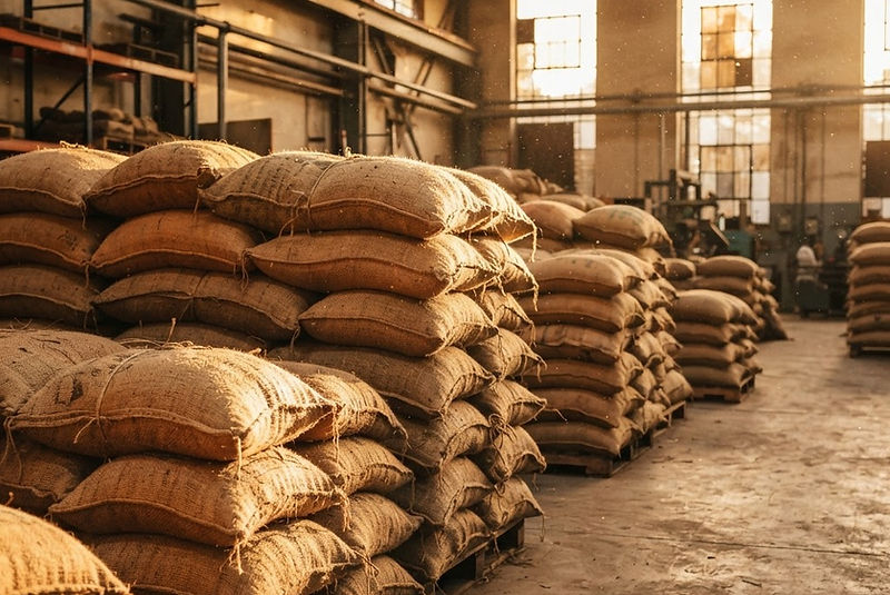 Natural jute sacks stacked in a sunlit warehouse