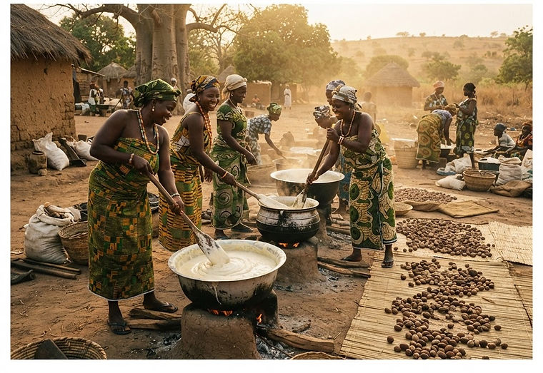 Shea butter being stirred in steel basins at a rural processing cooperative
