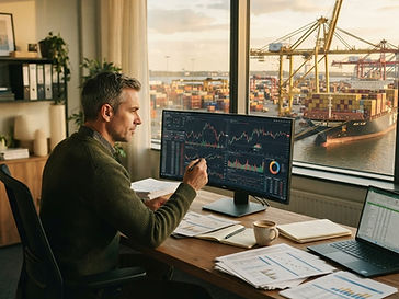 Trade analyst reviewing market charts at a desk overlooking a working container port